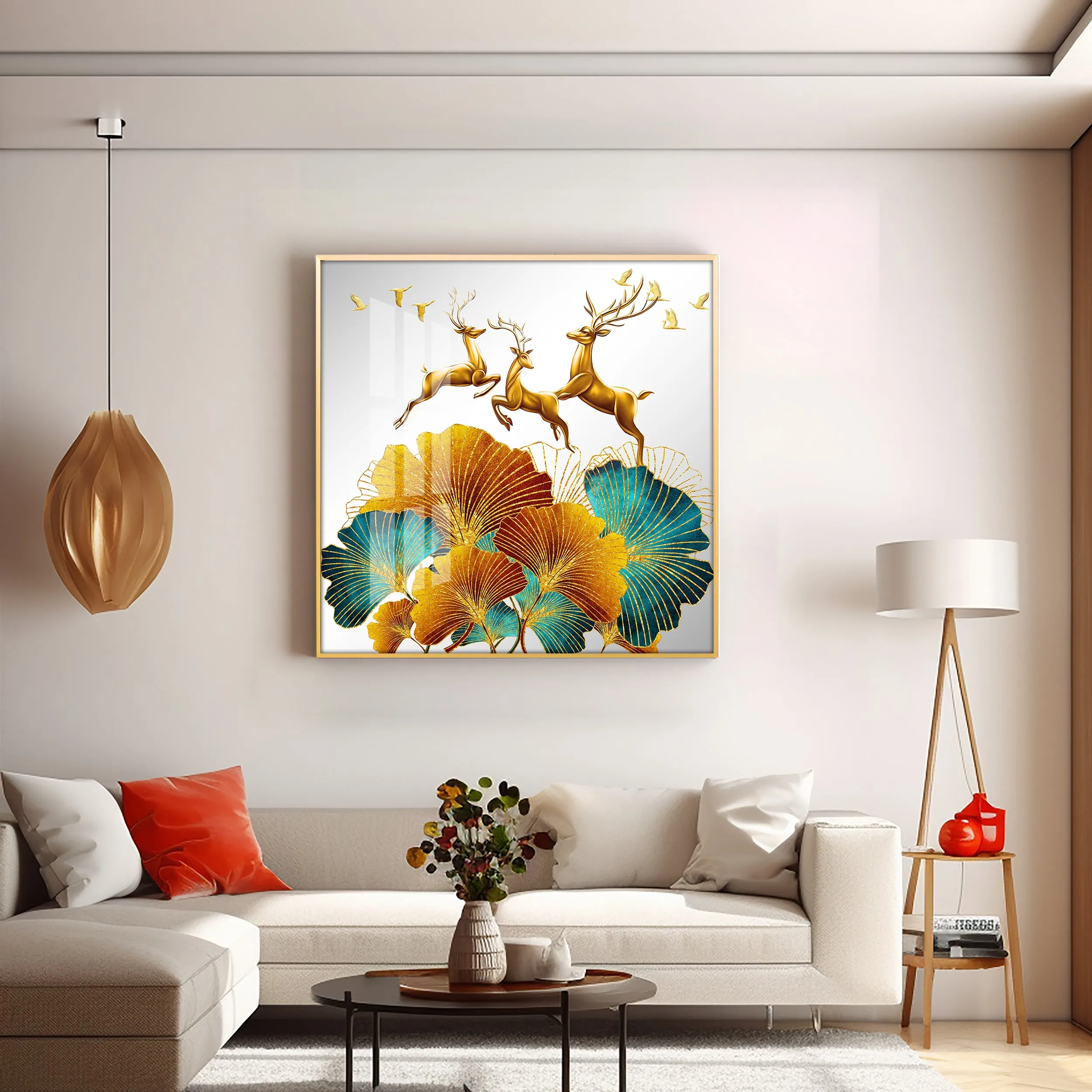 3 Golden Deers With Biloba Leaves Luxury Crystal Square Wall Art