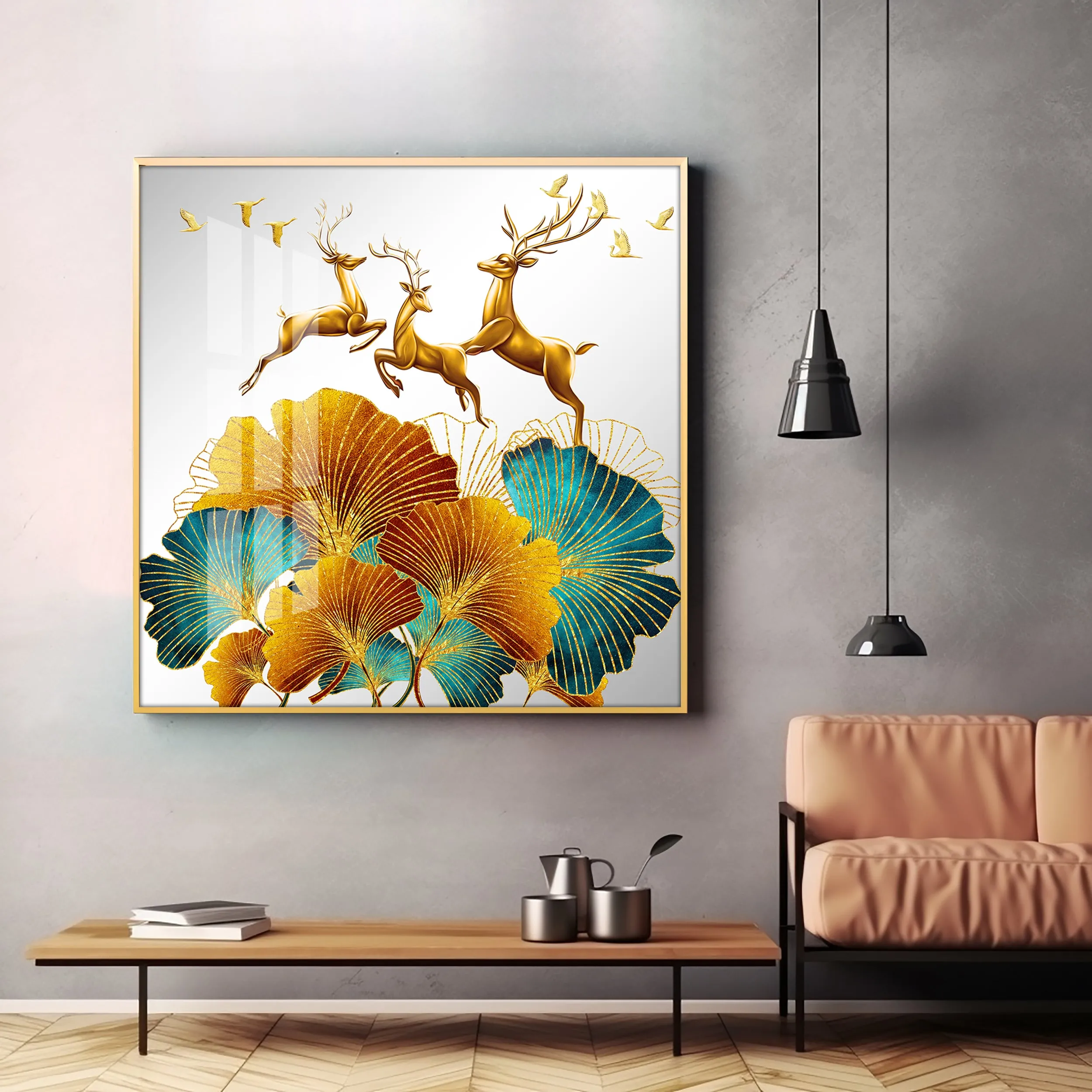 3 Golden Deers With Biloba Leaves Luxury Crystal Square Wall Art