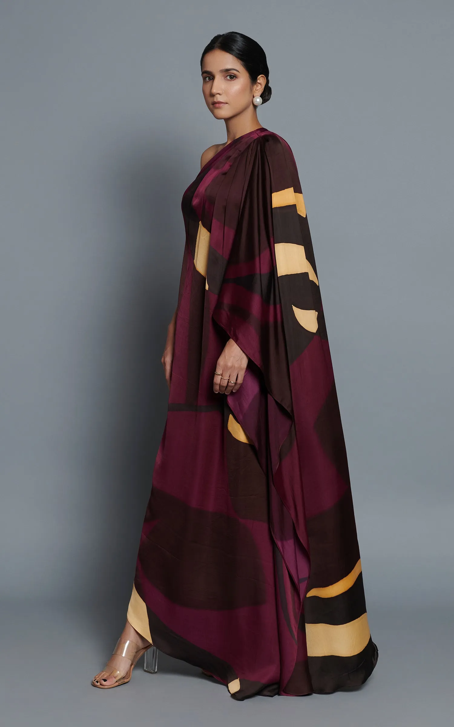 Abstract Printed Maroon One Shoulder Drape