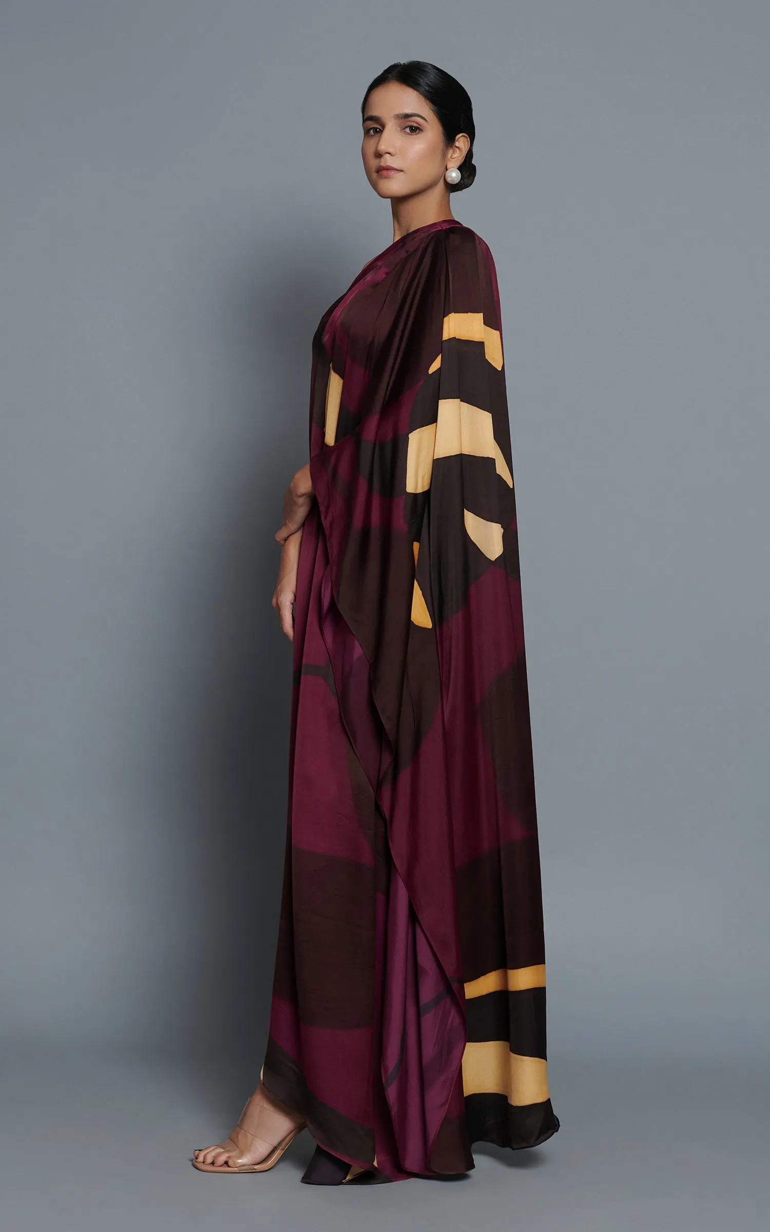 Abstract Printed Maroon One Shoulder Drape