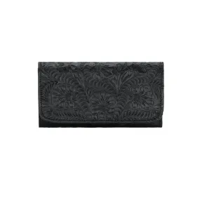 American West Womens Hand-Stained Black Leather Trifold Wallet