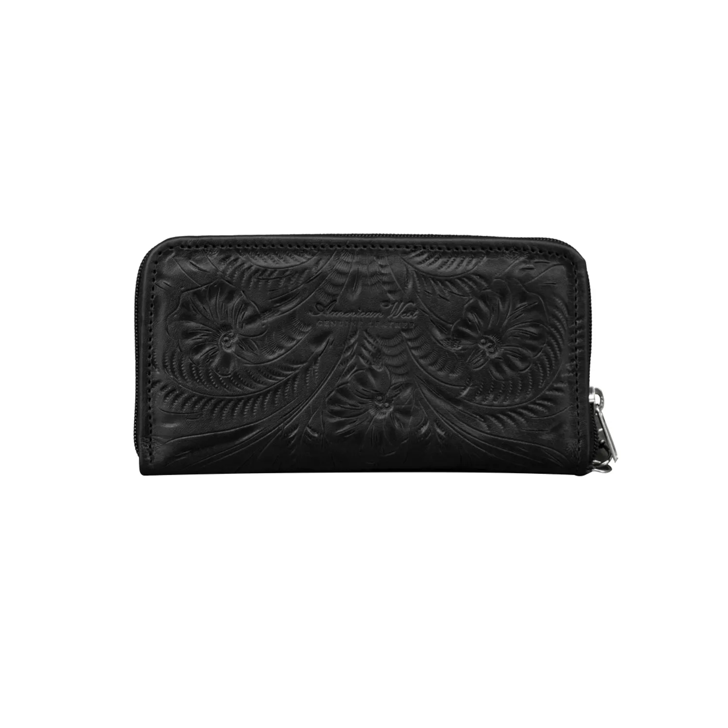 American West Womens Hand Tooled Black Leather Zip Around Wallet