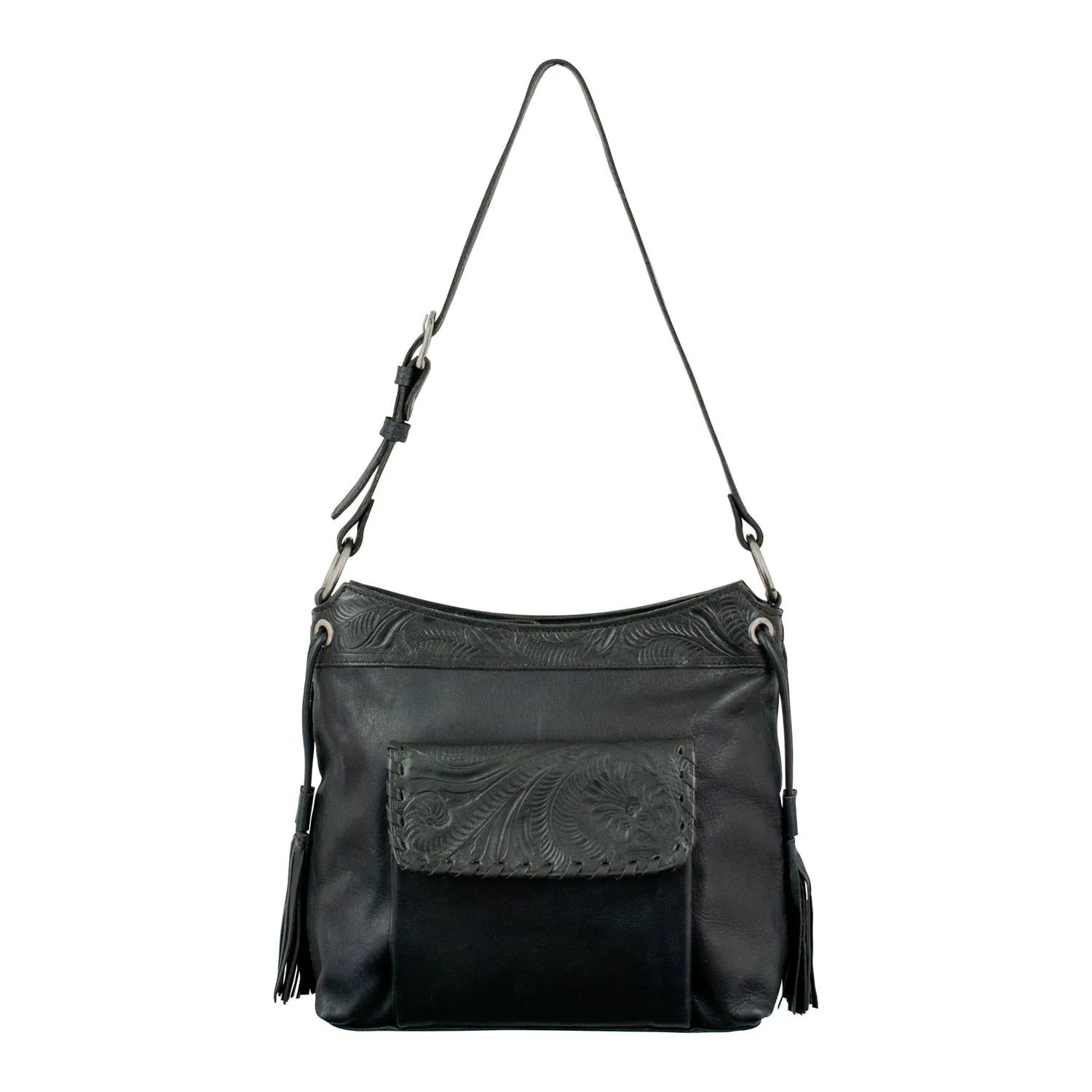 American West Womens Waxed Zip Top Black Leather Handbag Bag