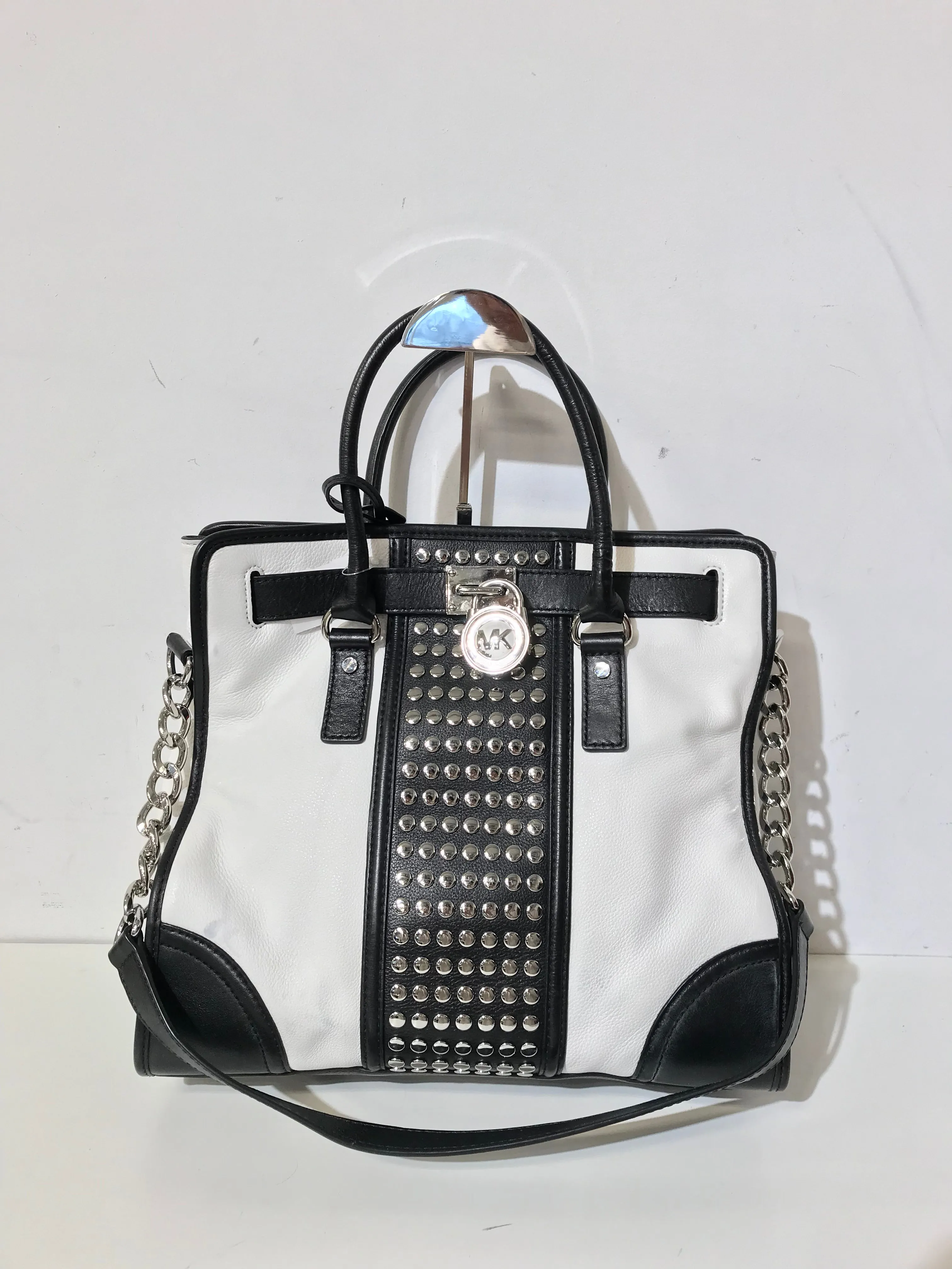 Black and White Top Handle Bag w/ Silver Studs