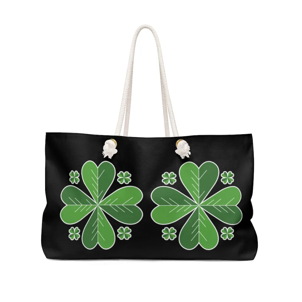 Black Green Clover Weekender Bag, Leaf St. Patrick's Day Print 24"x13" Bag- Made in USA