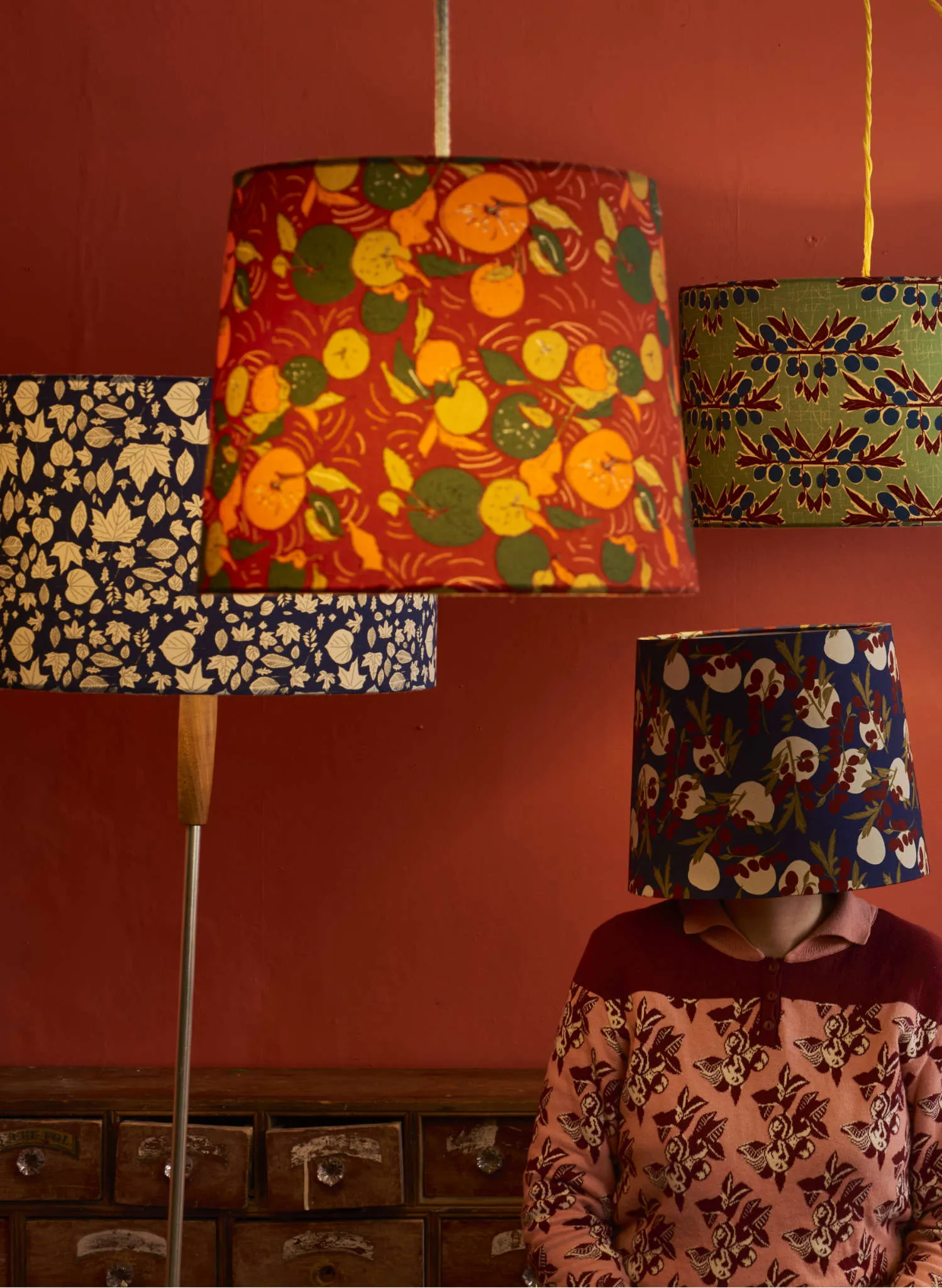 Drum Lampshade - Navy Autumn Leaves