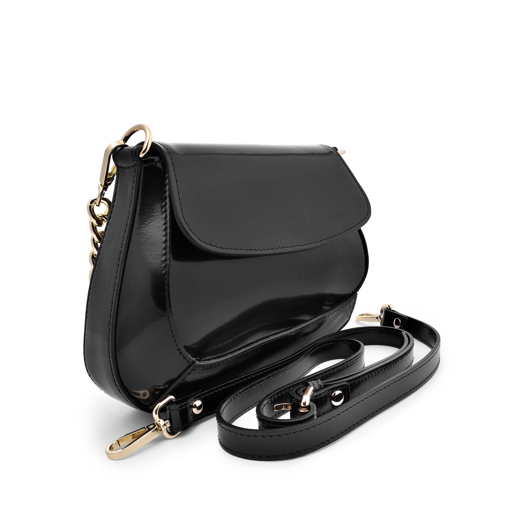 Ena Black Semi Patent Leather Shoulder Bag