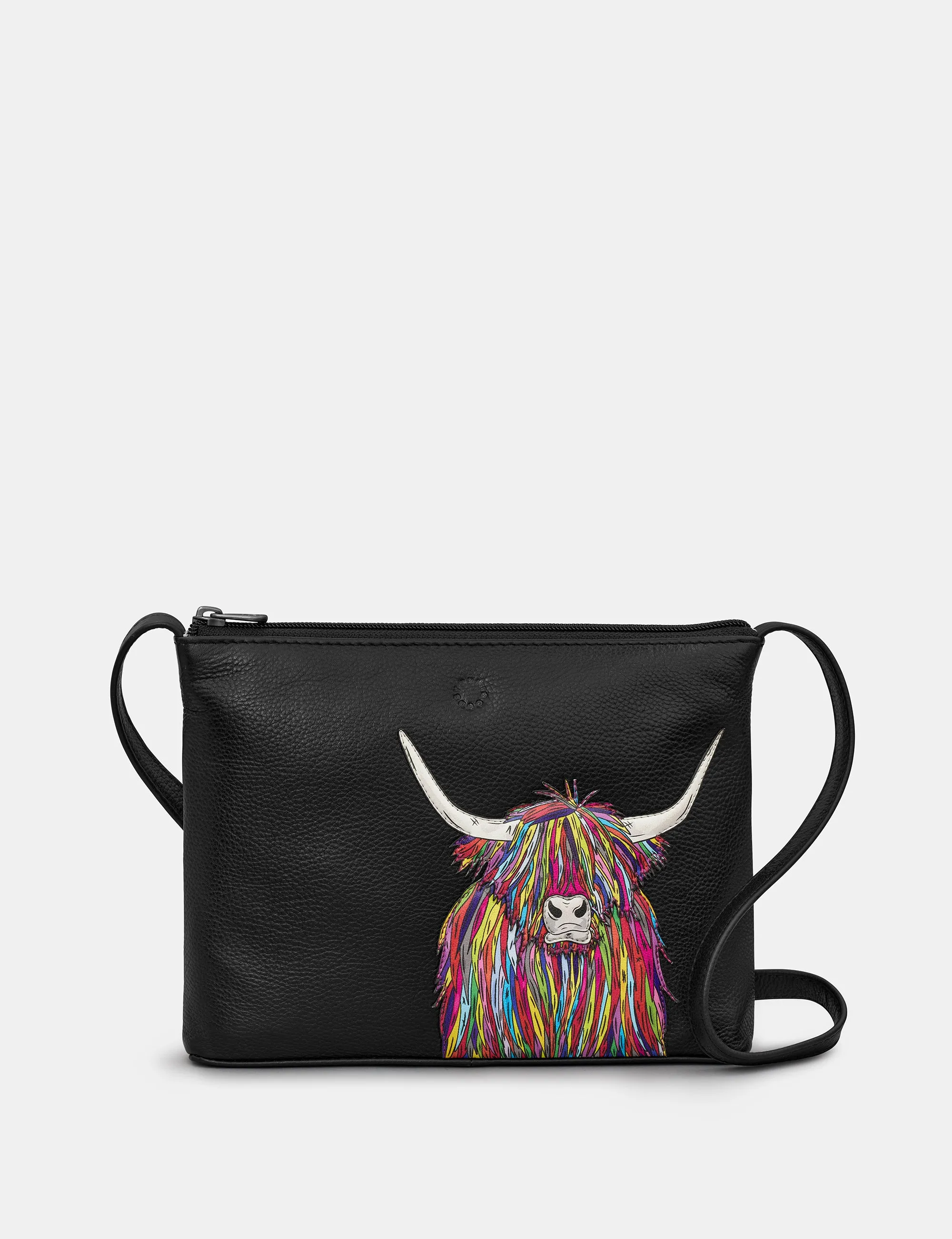 Highland Cow Black Leather Cross Body Bag