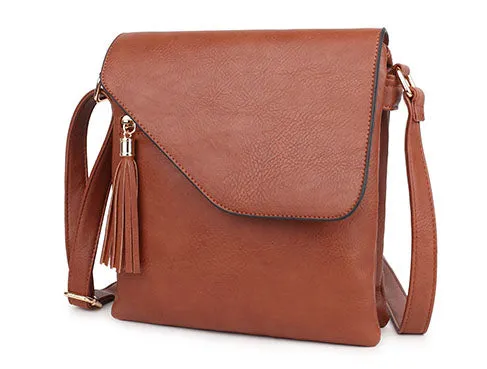 LARGE BROWN TASSEL MULTI COMPARTMENT CROSS BODY SHOULDER BAG WITH LONG STRAP