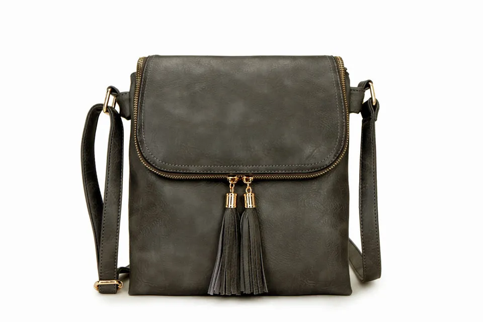 LARGE GREY TASSEL MULTI COMPARTMENT CROSS BODY SHOULDER BAG WITH LONG STRAP