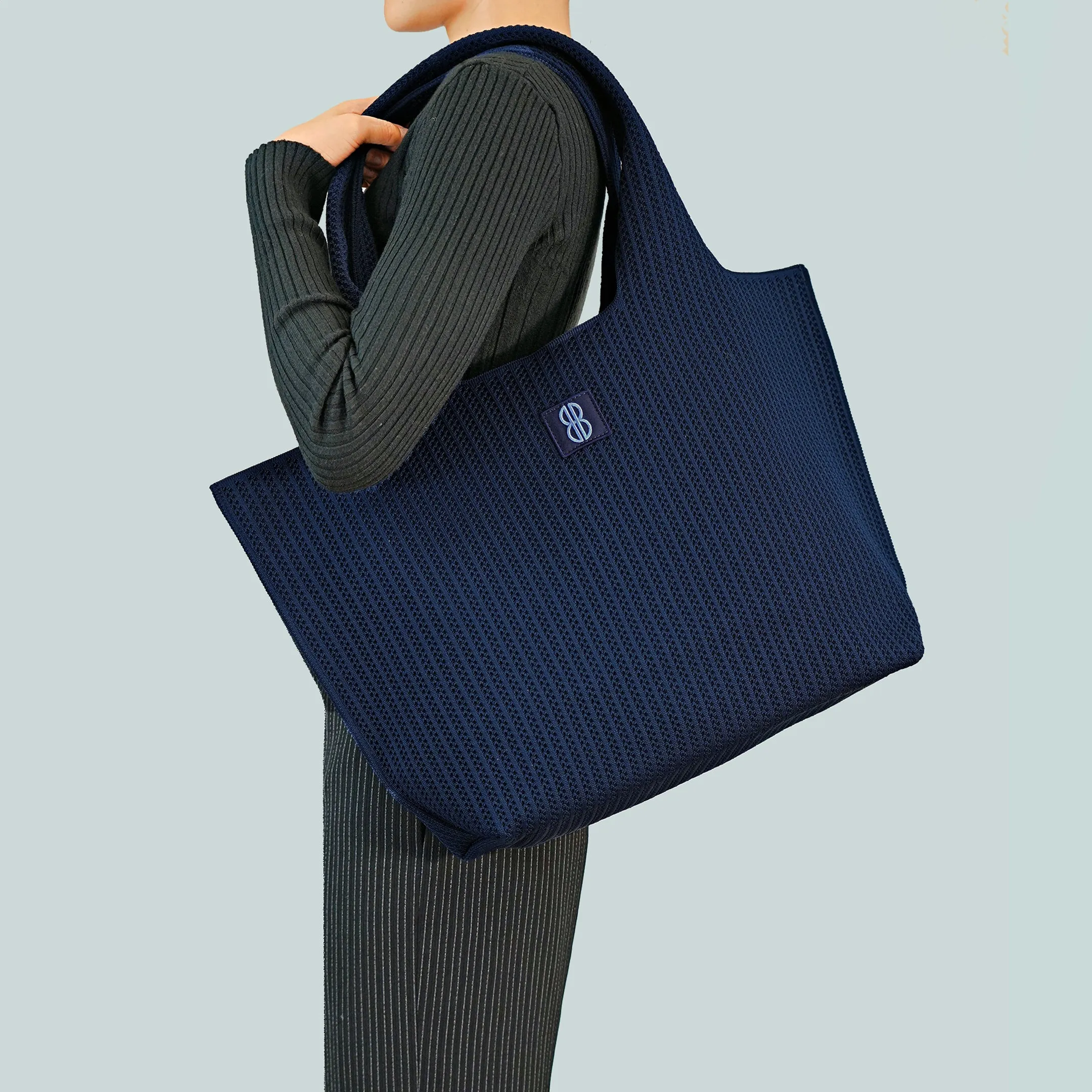 large - Navy Stripe tote with pouch