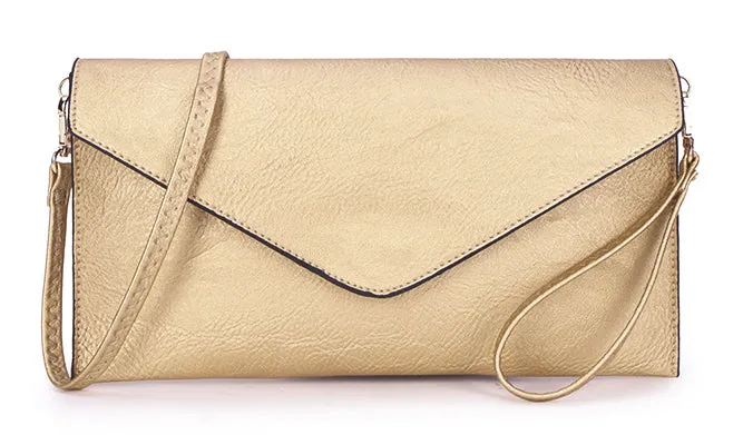 METALLIC GOLD OVER-SIZED ENVELOPE CLUTCH BAG WITH LONG CROSS BODY AND WRISTLET STRAP