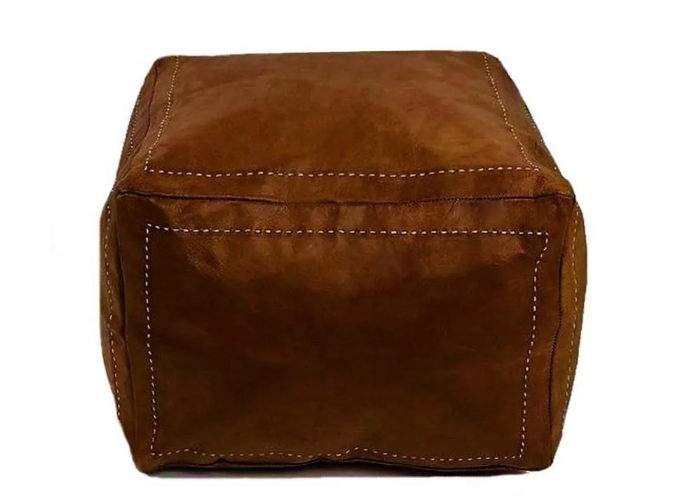 Moroccan Leather Pouf / Ottoman - Square - Brown Caramel - Salwa