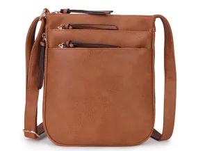 PLAIN CURVED TAN MULTI COMPARTMENT CROSS BODY SHOULDER BAG