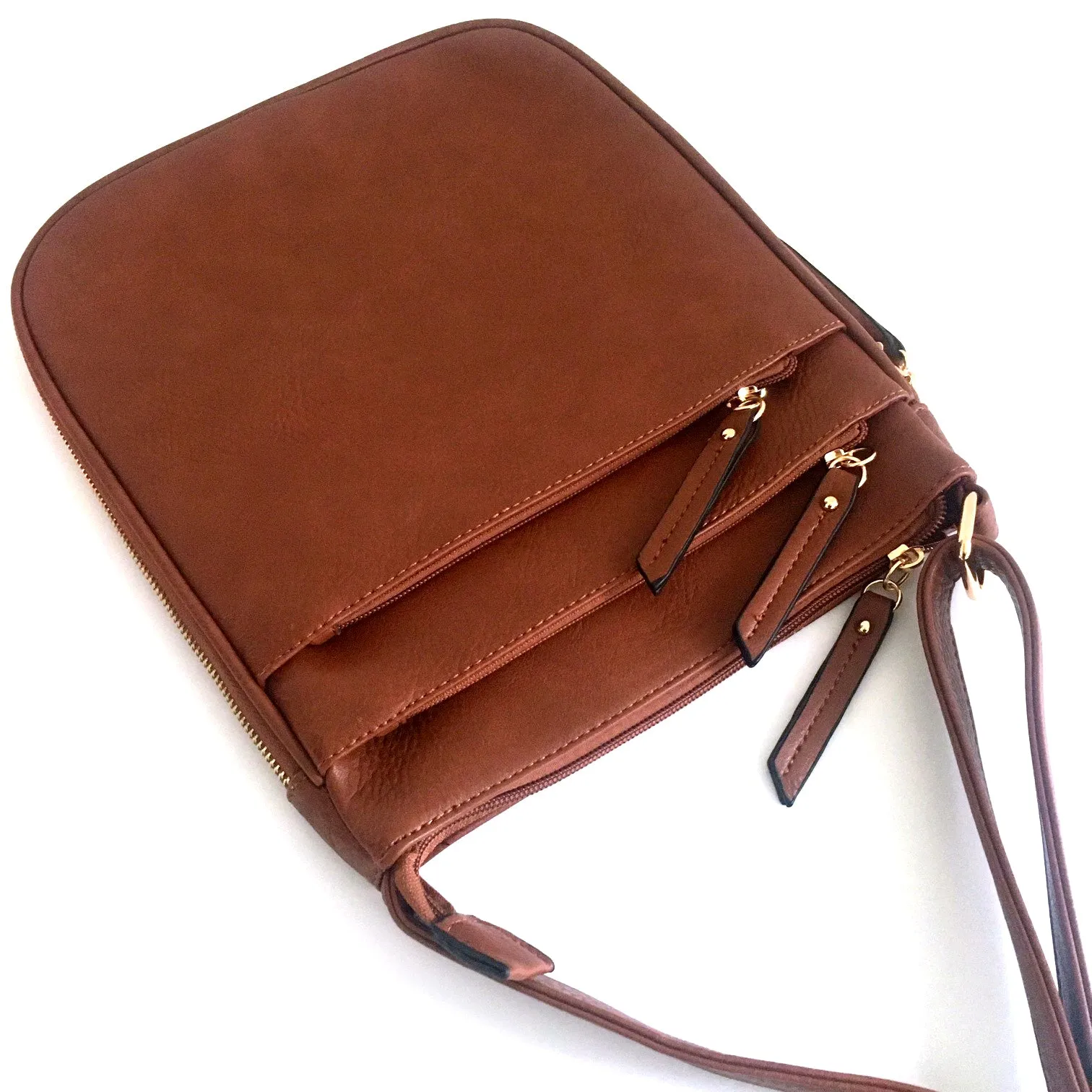 PLAIN CURVED TAN MULTI COMPARTMENT CROSS BODY SHOULDER BAG