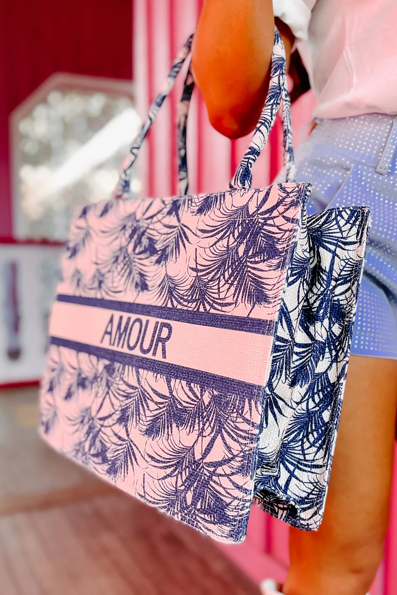 "Amour" Tropical Print Tote (Navy)