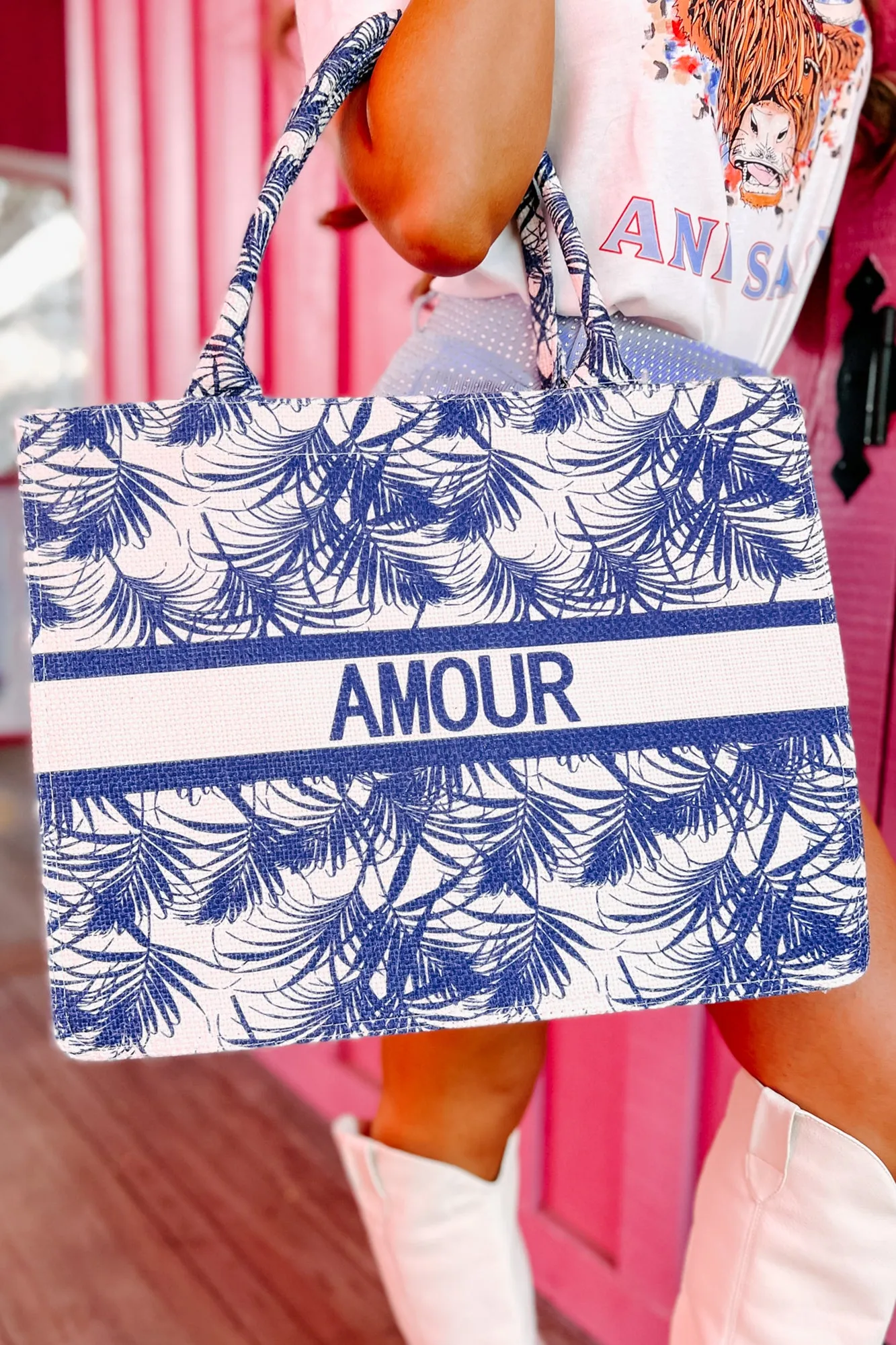 "Amour" Tropical Print Tote (Navy)