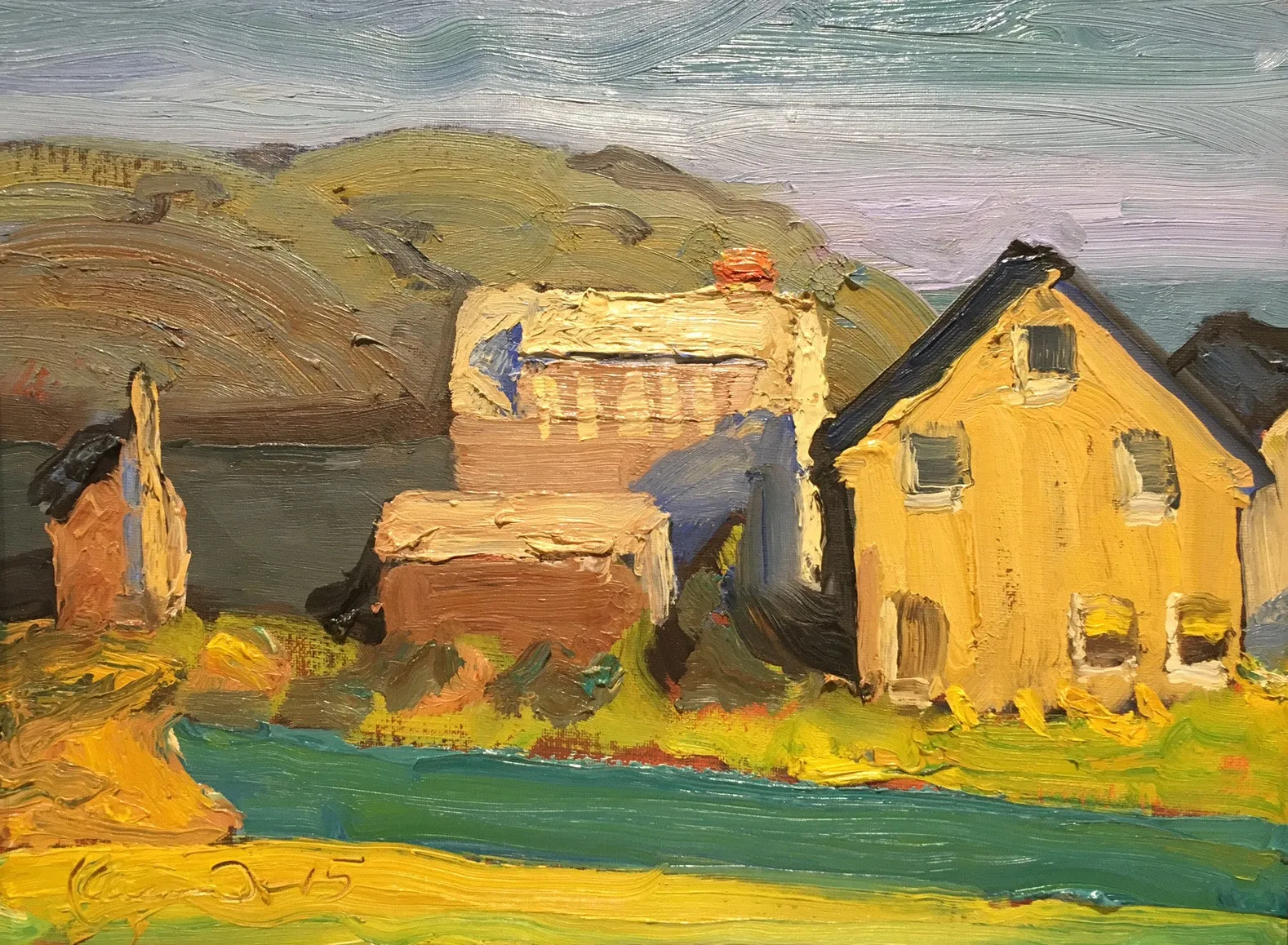 "Houses by the Sea" by David Kasman - Sculptural Oil Coastal Painting