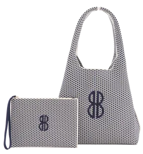 Sutton City Tote - Navy Diamond Monogram / Detachable Metal Chain - Large